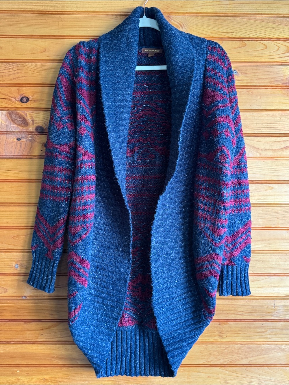 Hive & Honey Long Cardigan S Navy Burgundy Geometric Cocoon Boho Shawl Collar